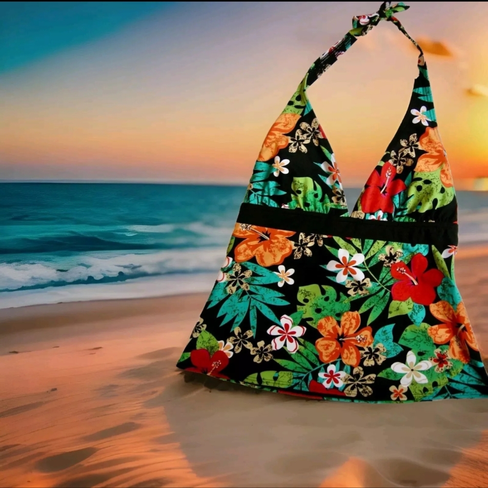 Tankini Top Bra Size 32D Black Floral Tropical Top